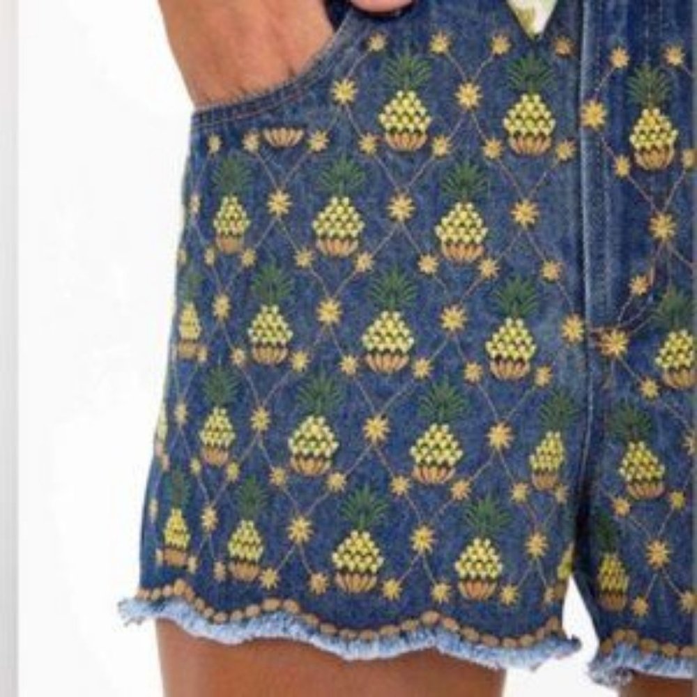 Farm Rio Embroidered Pineapples Denim Shorts - Picture 3 of 11
